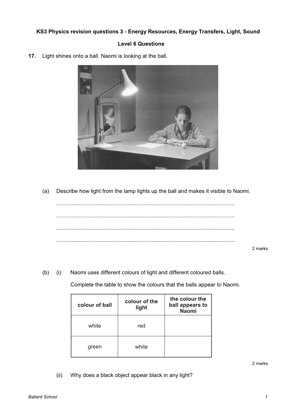 KS3 Physics Revision Questions 3 - Energy Resources, Energy Transfers, Light, Sound