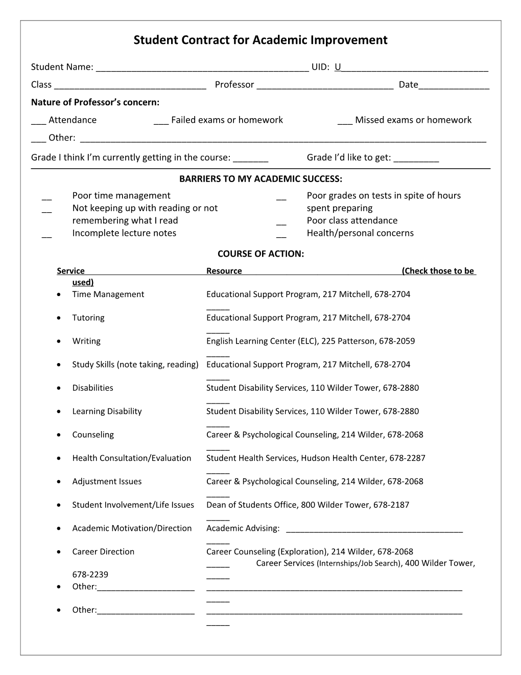 Student Contract for Academic Improvement