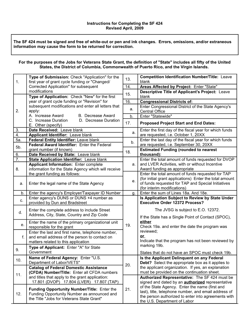 Instructions for Completing the SF 424