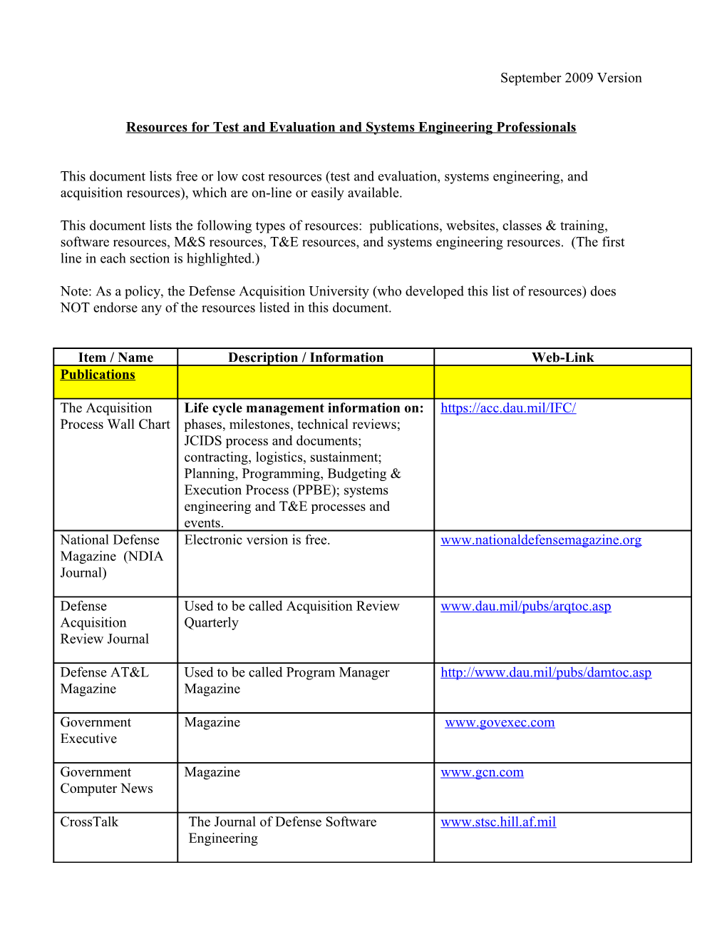 Resources for Systems Engineering & Test and Evaluation Professionals