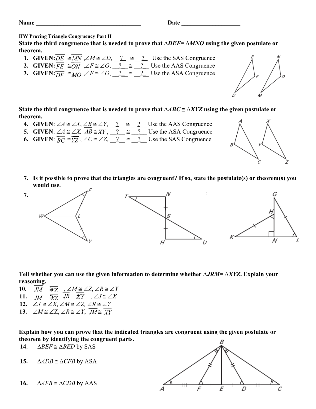 HW Proving Triangle Congruency Part II
