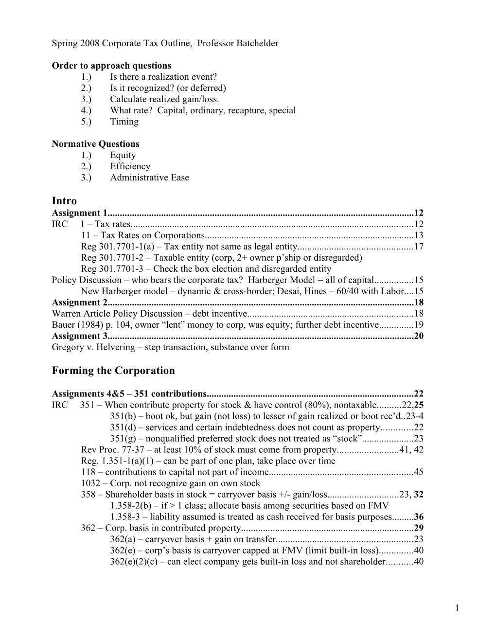 Spring 2008 Corporate Tax Outline, Professor Batchelder