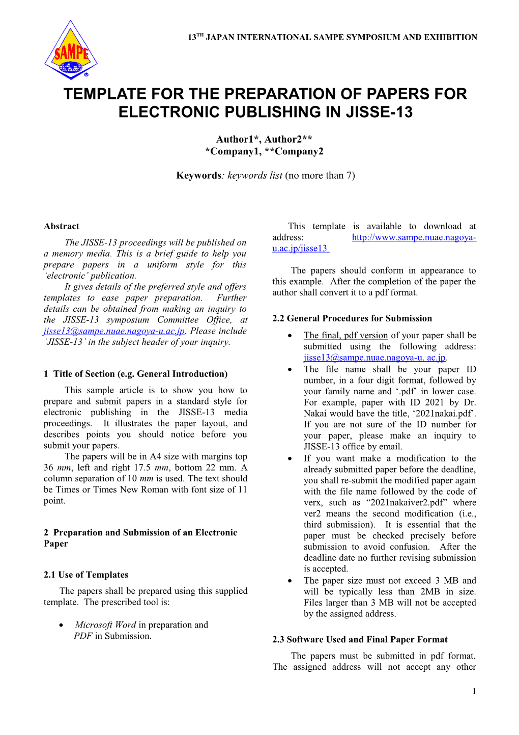 Template for the Preparation of Papers for On-Line Publishing in ODE s1