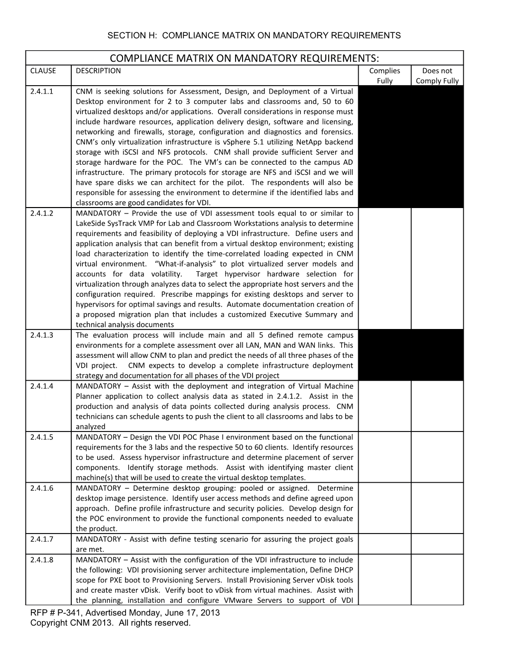 Section H: Compliance Matrix on Mandatory Requirements