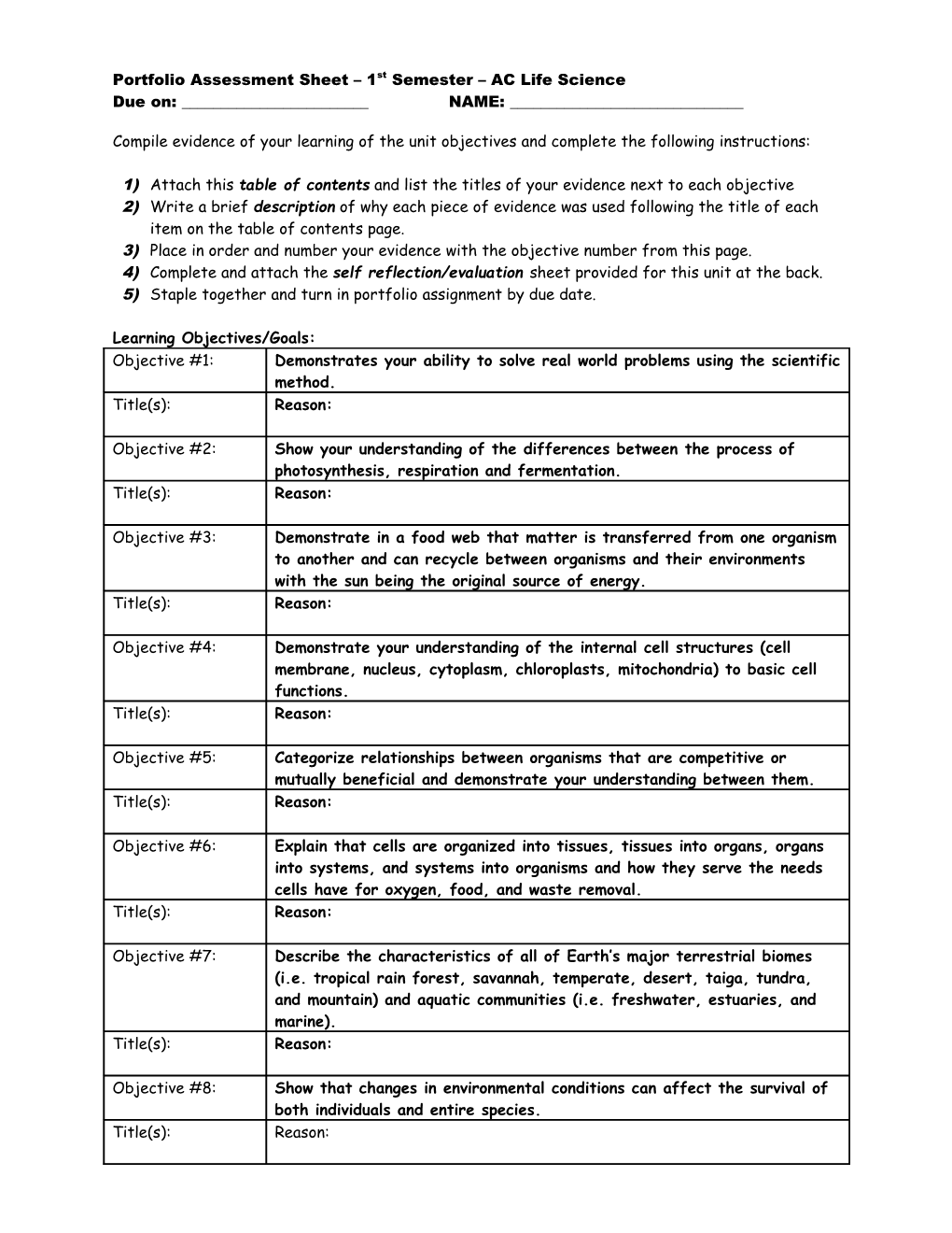 Portfolio Assessment Sheet 1St Semester AC Life Science