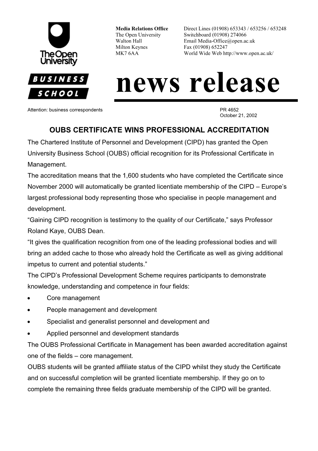 Oubs Certificate Wins Professional Accreditation