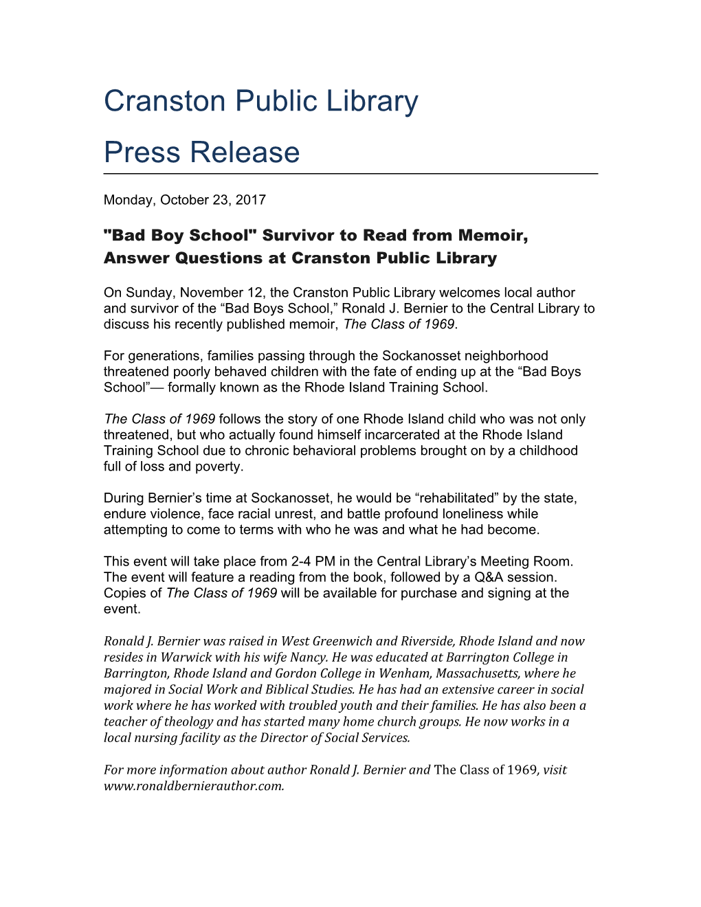 Bad Boy School Survivor to Read from Memoir, Answer Questions at Cranston Public Library