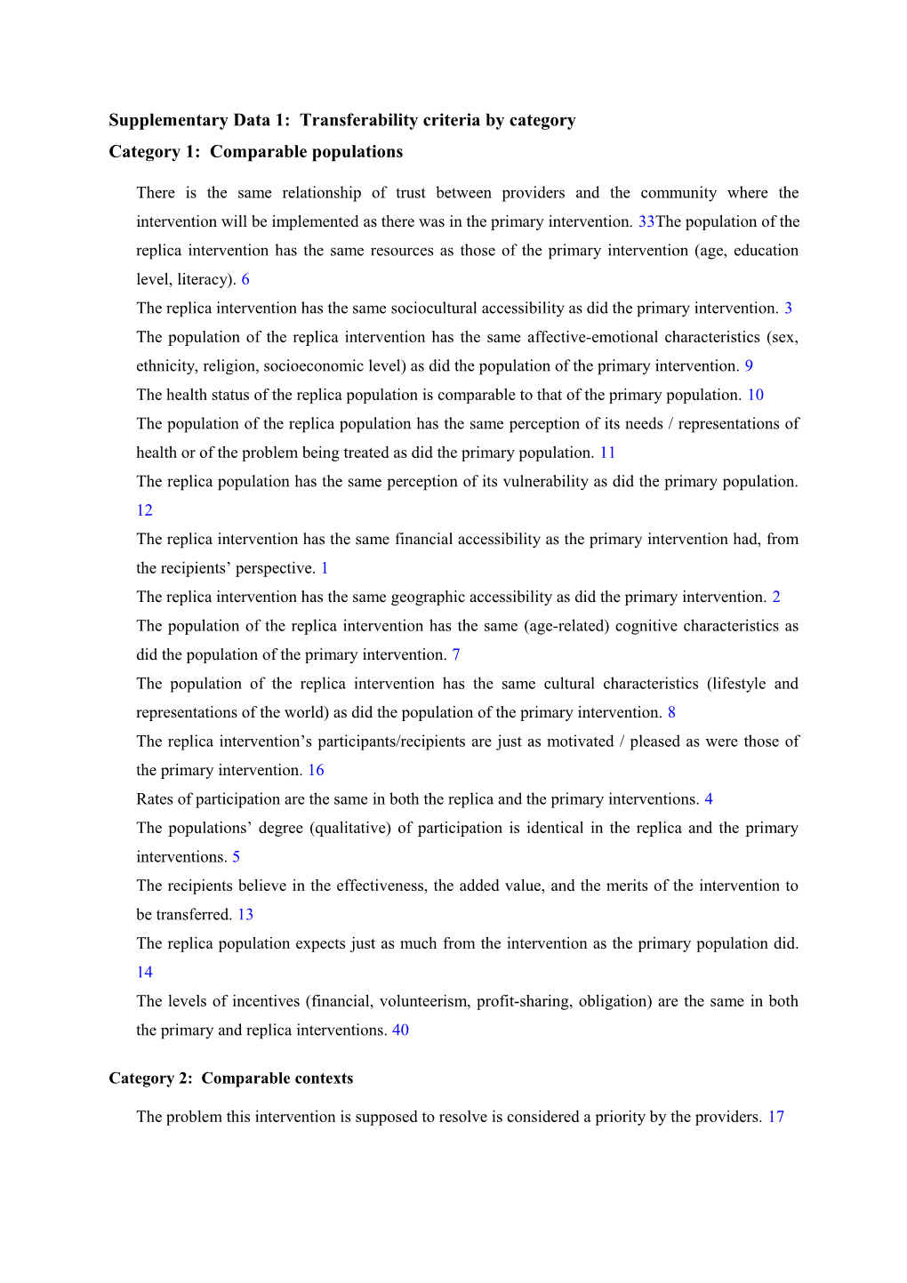 Supplementary Data 1: Transferability Criteria by Category