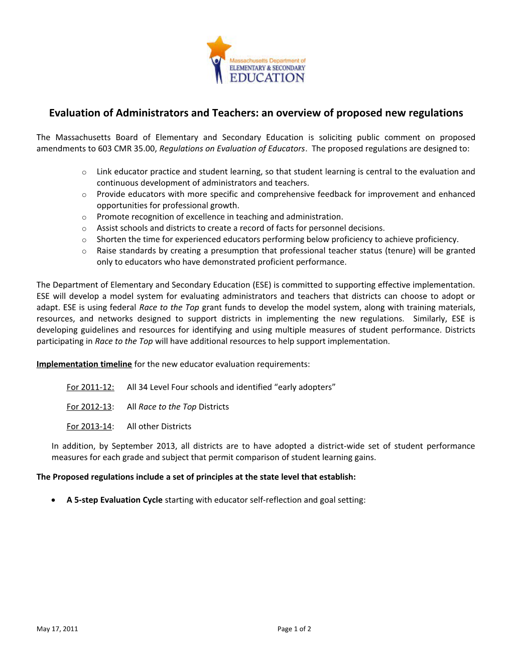 Evaluation of Administrators and Teachers: an Overview of Proposed New Regulations, May 2011