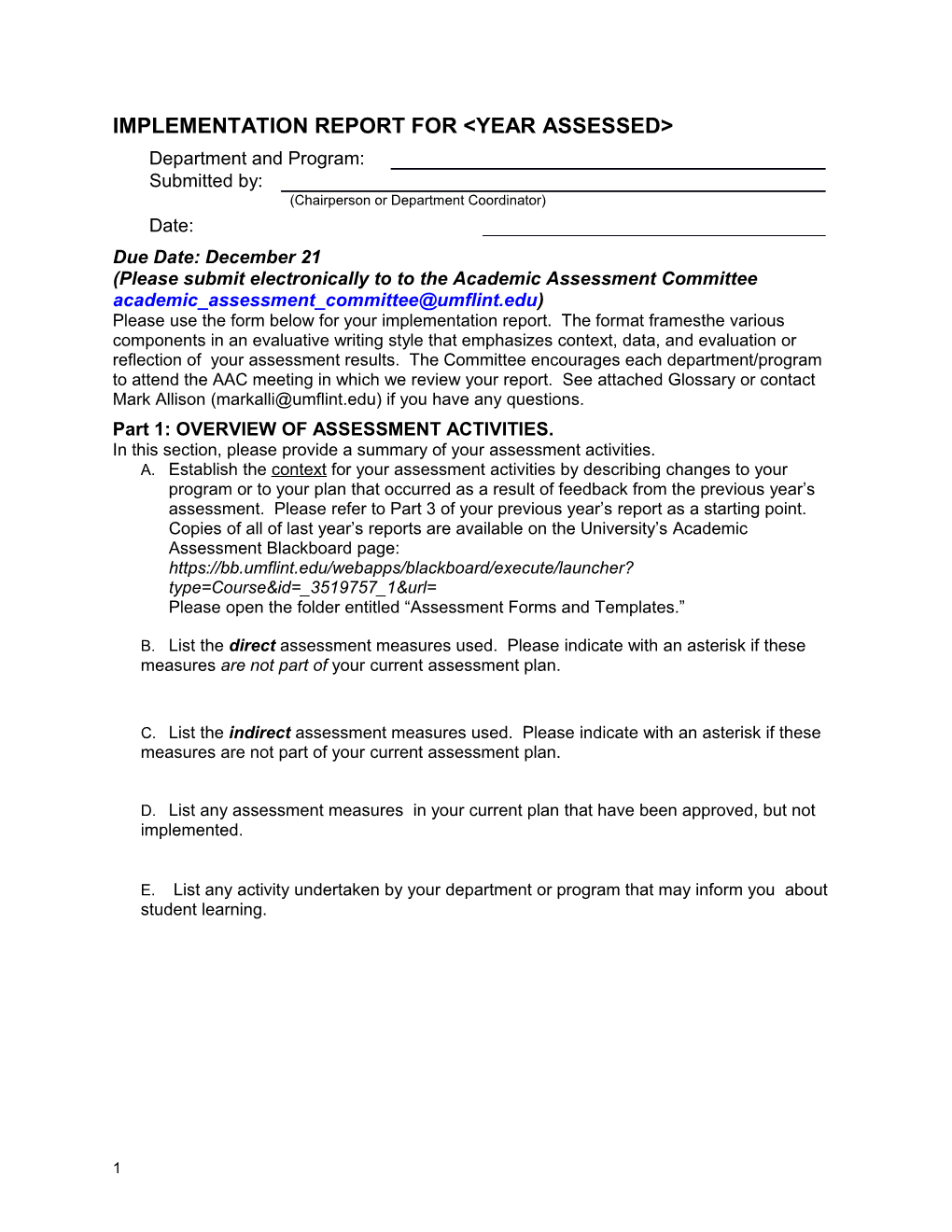 IMPLEMENTATION REPORT FOR&lt;YEAR ASSESSED&gt;