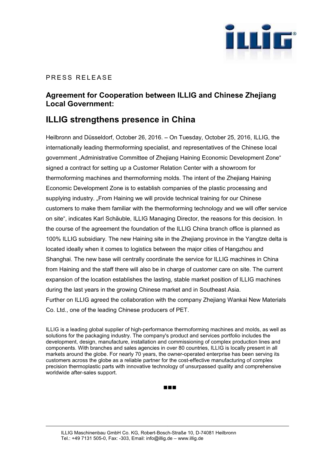 Agreement for Cooperation Between ILLIG and Chinese Zhejiang Local Government