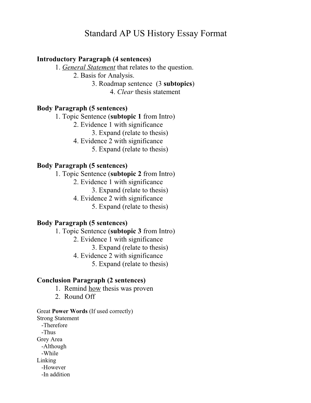 Standard AP US History Essay Format