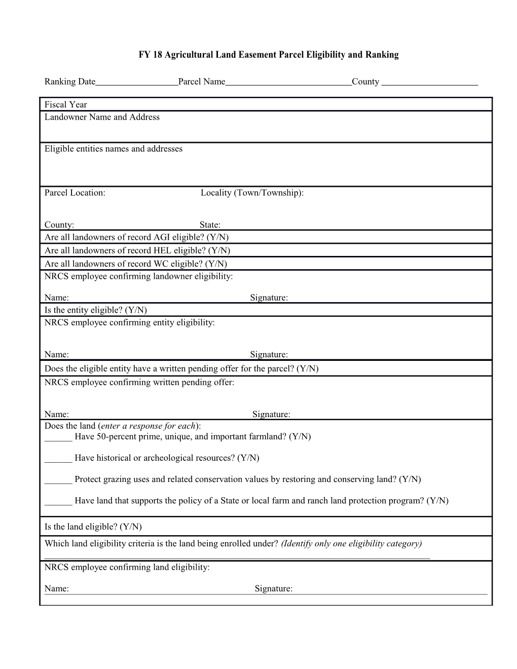 Fy18agriculturallandeasementparcel Eligibility and Ranking