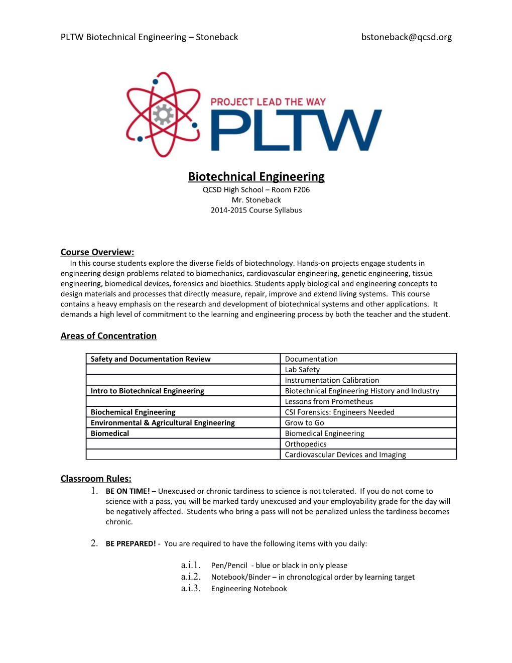 PLTW Biotechnical Engineering Stoneback