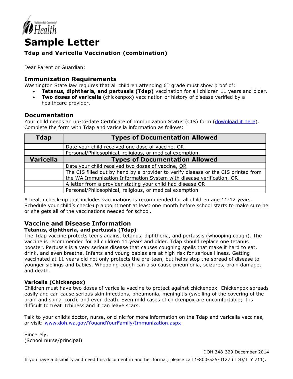 Tdap Varicella Parent Letter