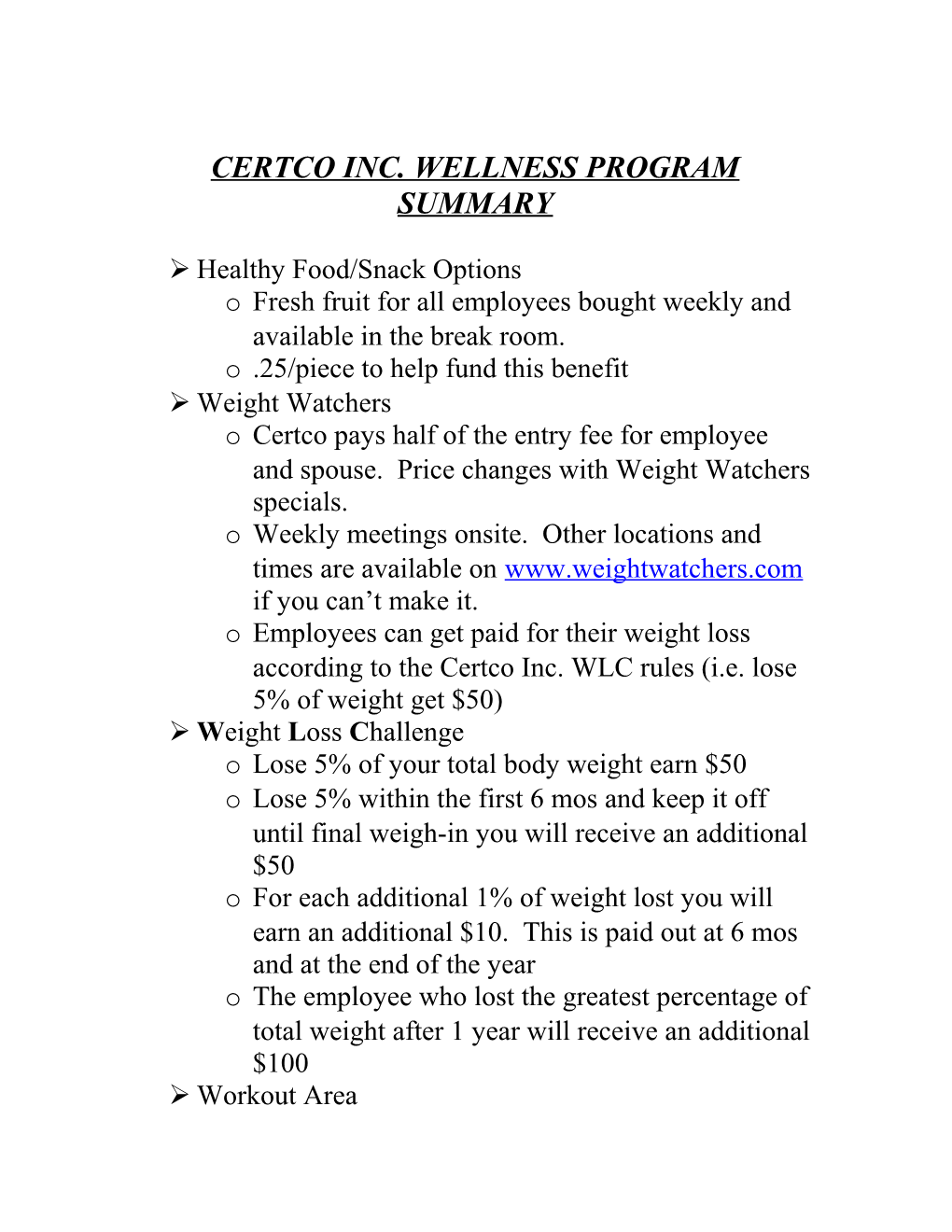 Certco Inc. Wellness Program Summary