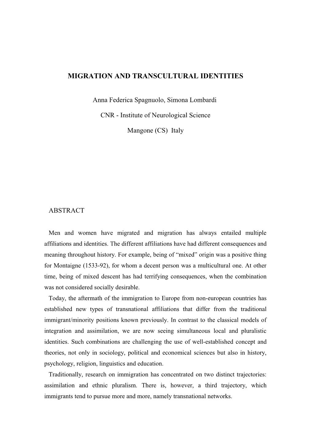 Migration and Transcultural Identities