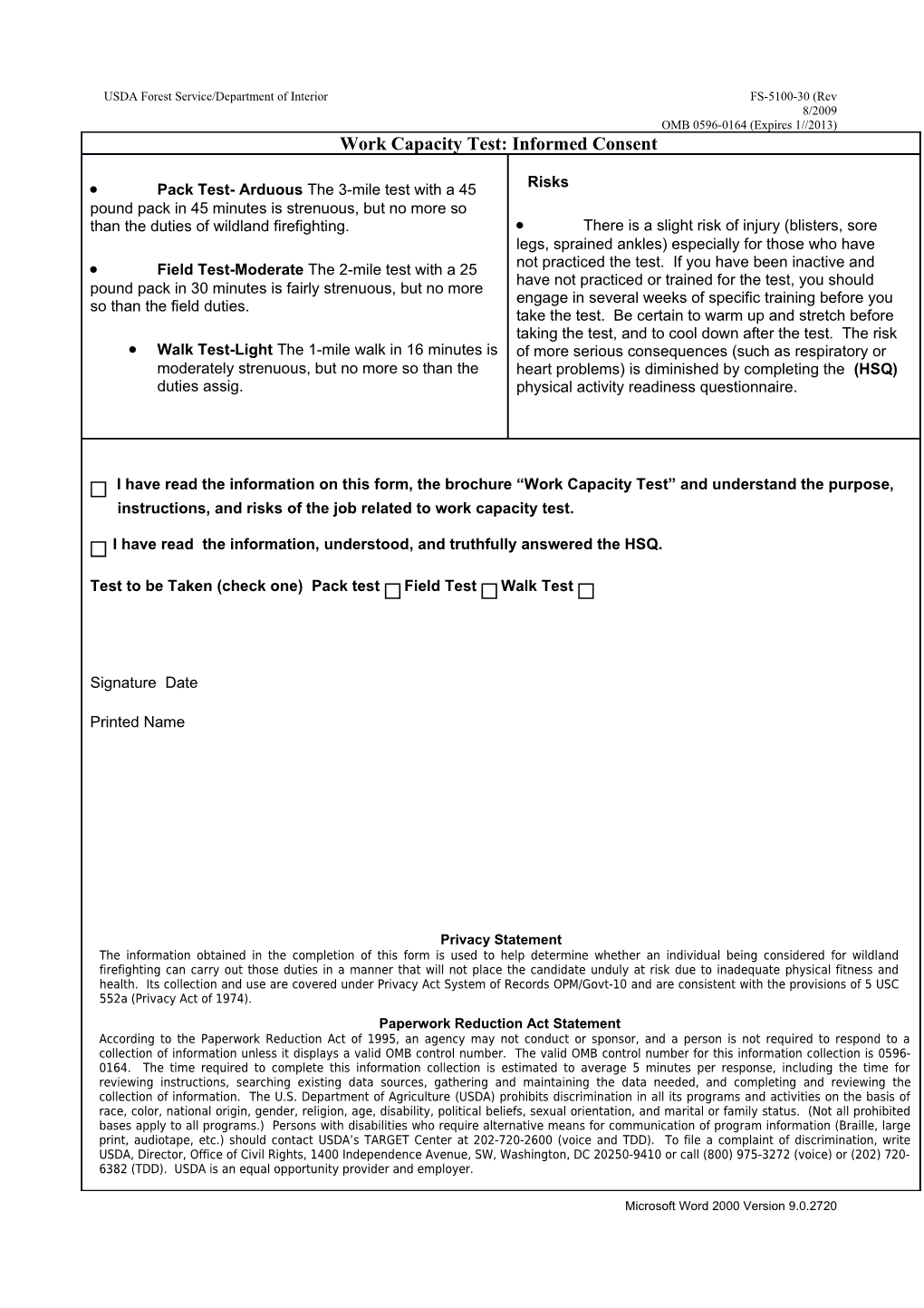 Work Capacity Test: Informed Consent