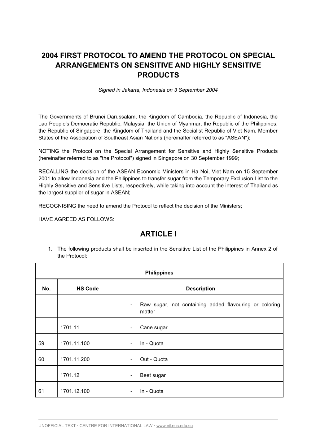 2004 First Protocol to Amend the Protocol on Special Arrangements on Sensitive and Highly