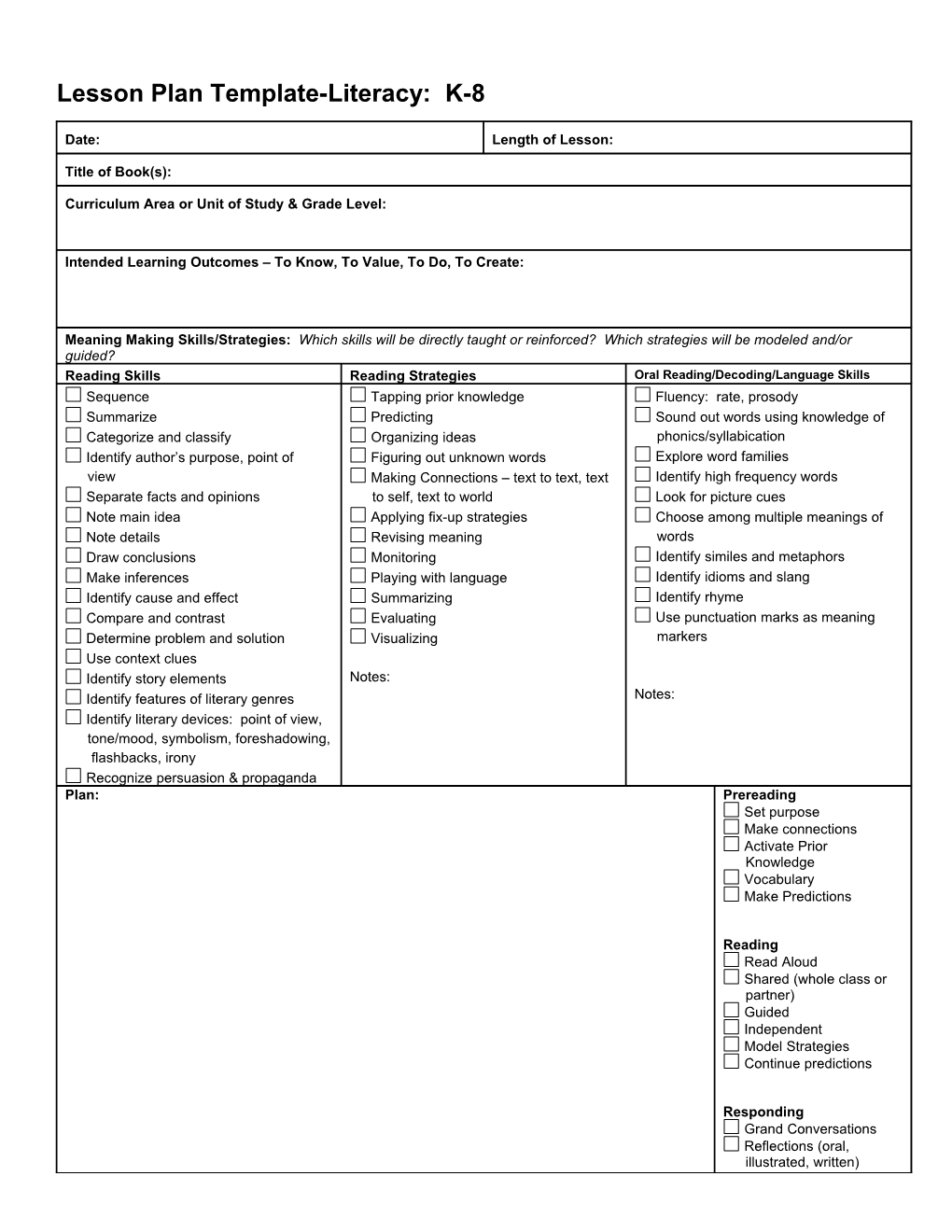 Literature Lesson Plan Template