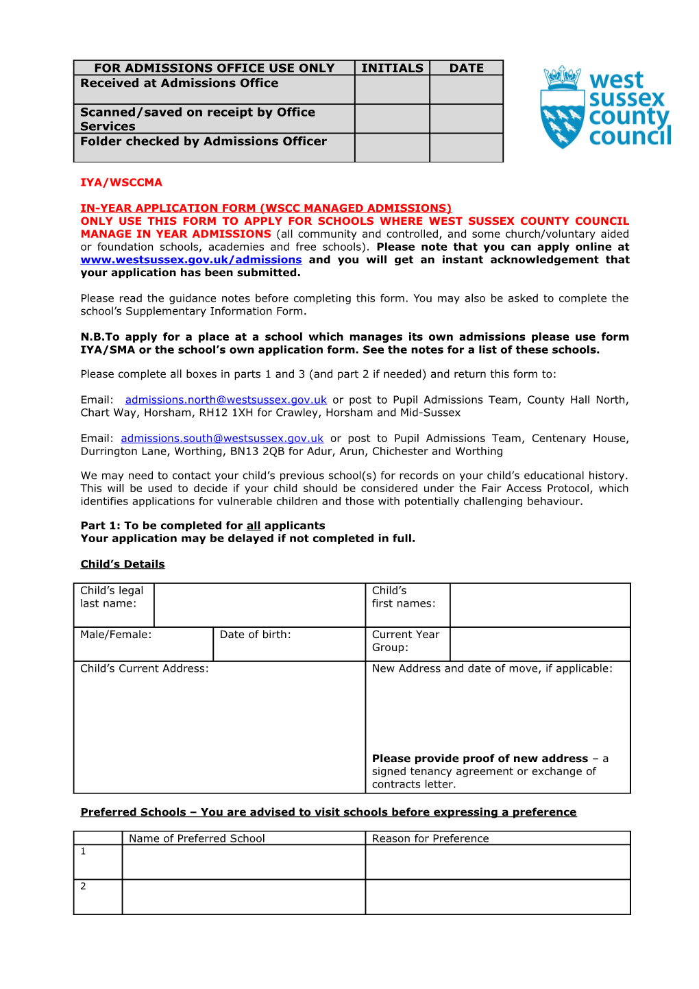 In-Year Application Form (Wscc Managed Admissions)