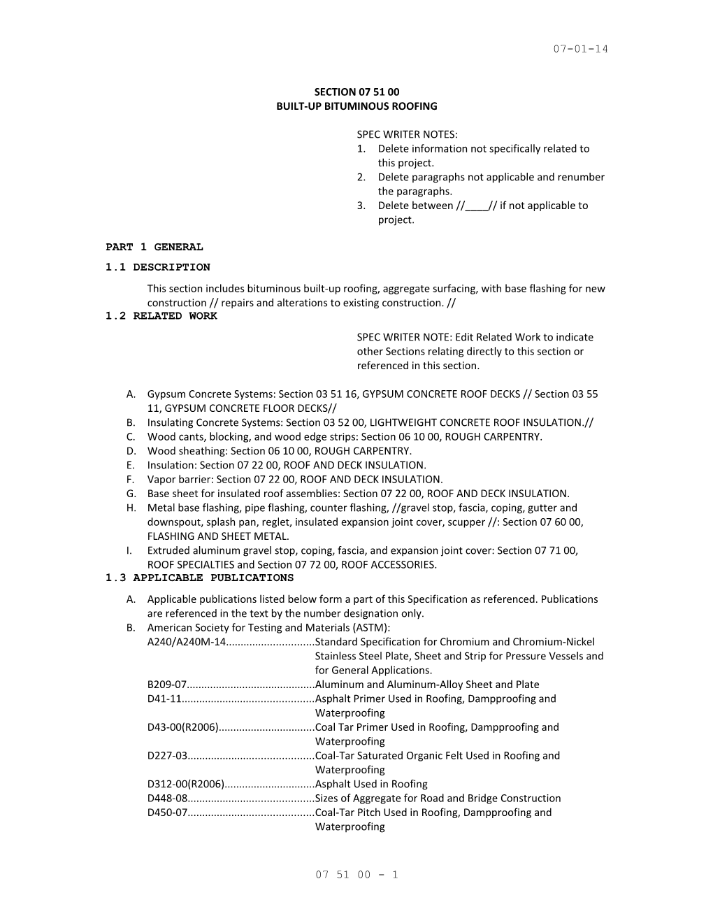 Section 07 51 00, Built-Up Bituminous Roofing