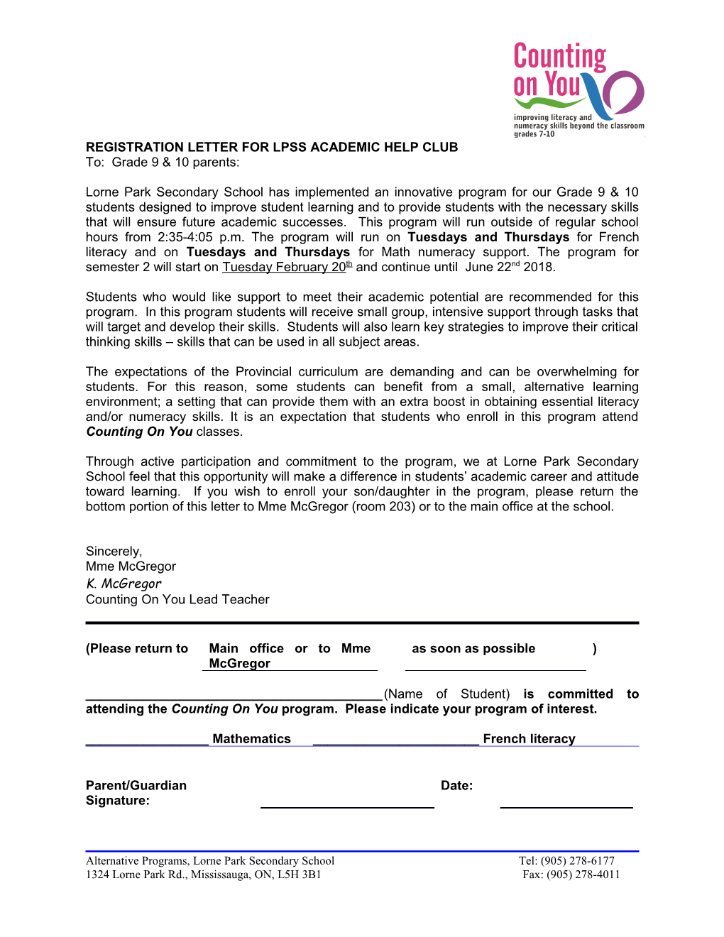 Registration Letter for Lpss Academic Help Club