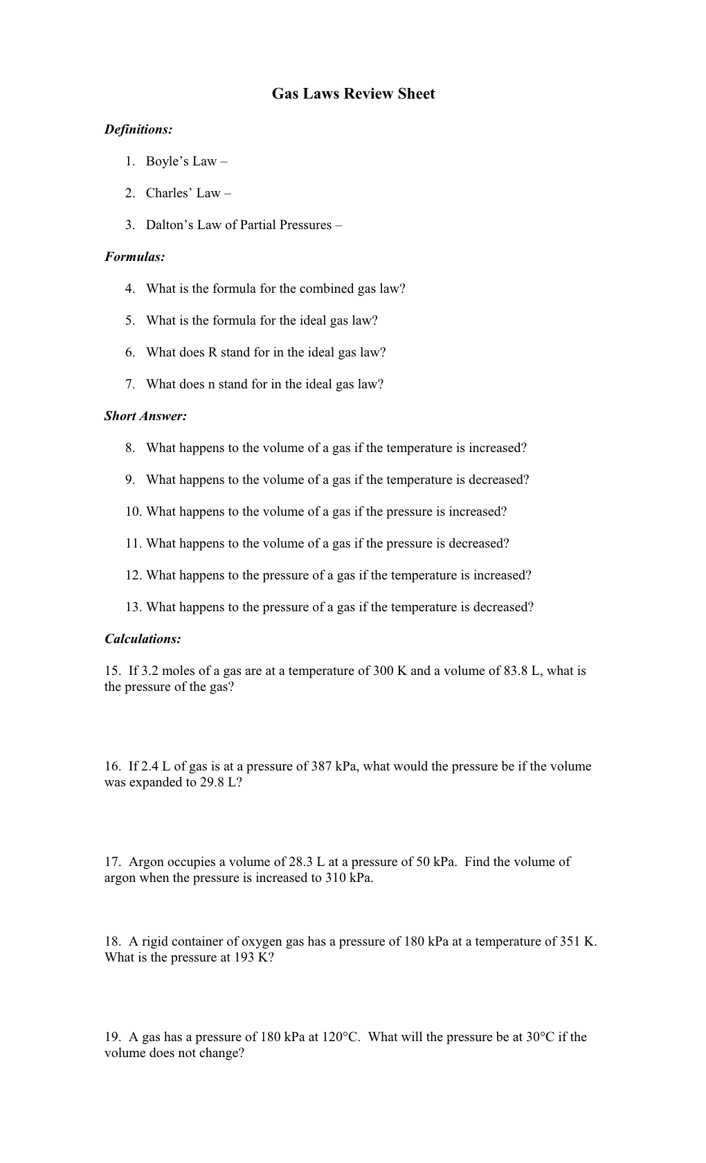 Gas Laws Review Sheet