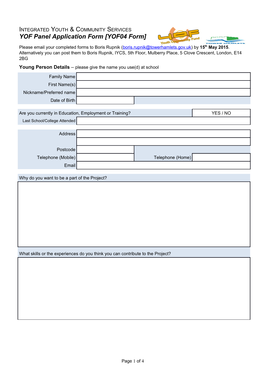 YOF Panel Application Form YOF04 Form