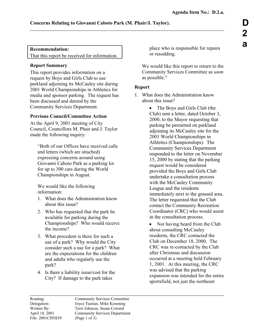 Report for Community Services Committee April 30, 2001 Meeting