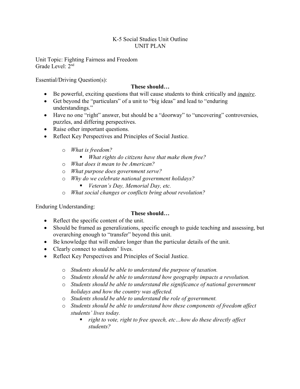 K-5 Social Studies Unit Outline