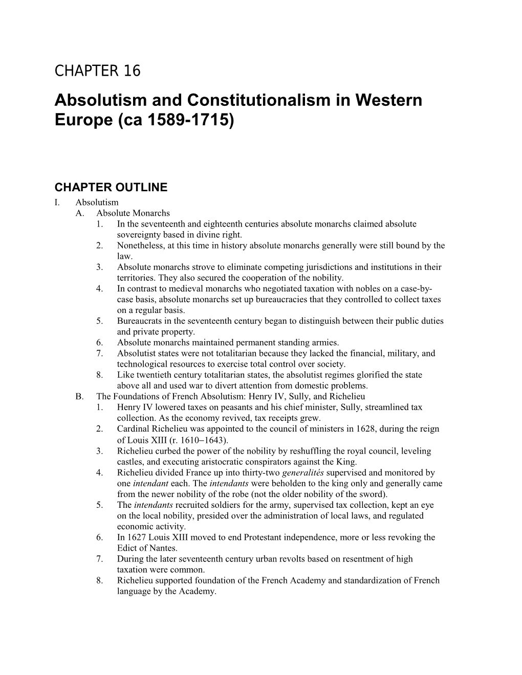 Absolutism and Constitutionalism in Western Europe (Ca 1589-1715)