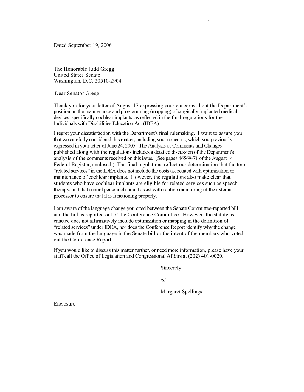 Letter Dated 9-19-06 to Gregg Re: Interpreting IDEA Or the Regulations That Implement IDEA