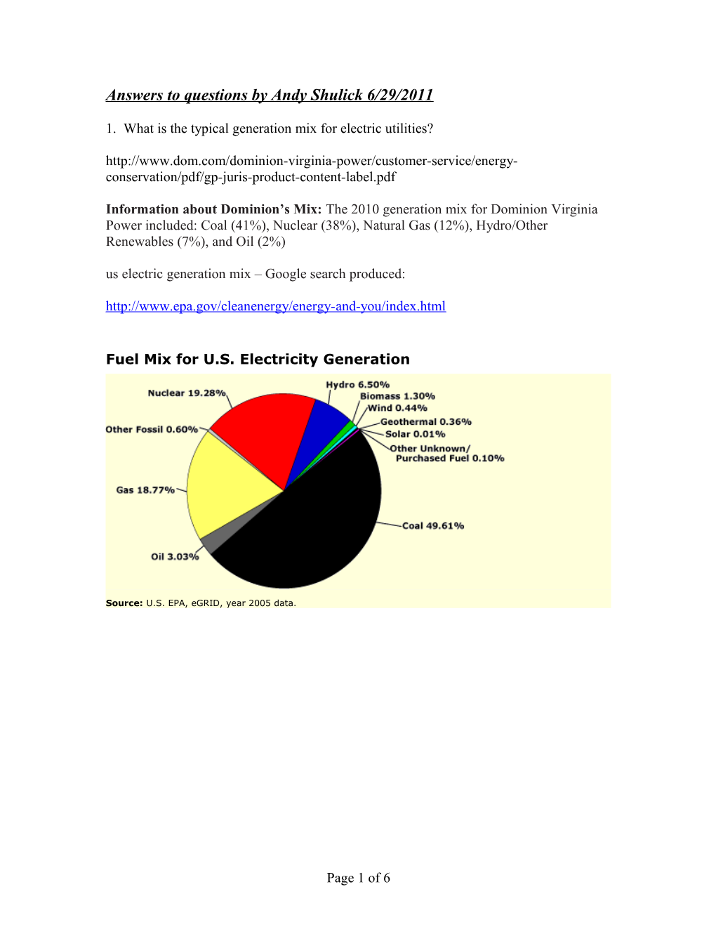 Answers to Question by Andy Shulick 6/29/2011