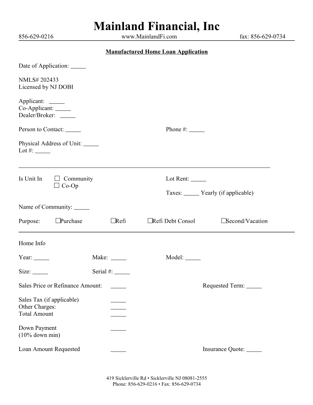Manufactured Home Loan Application