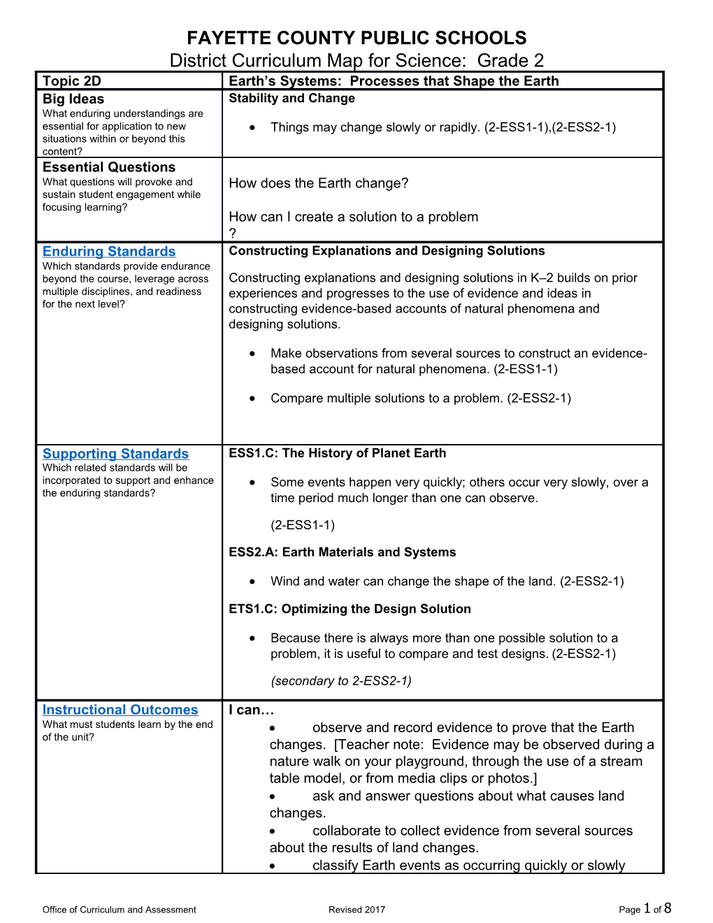 District Curriculum Map for Science: Grade 2