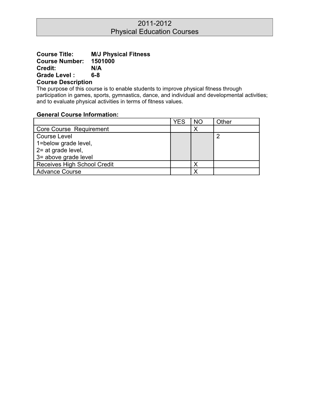 Course Title:M/J Physical Fitness