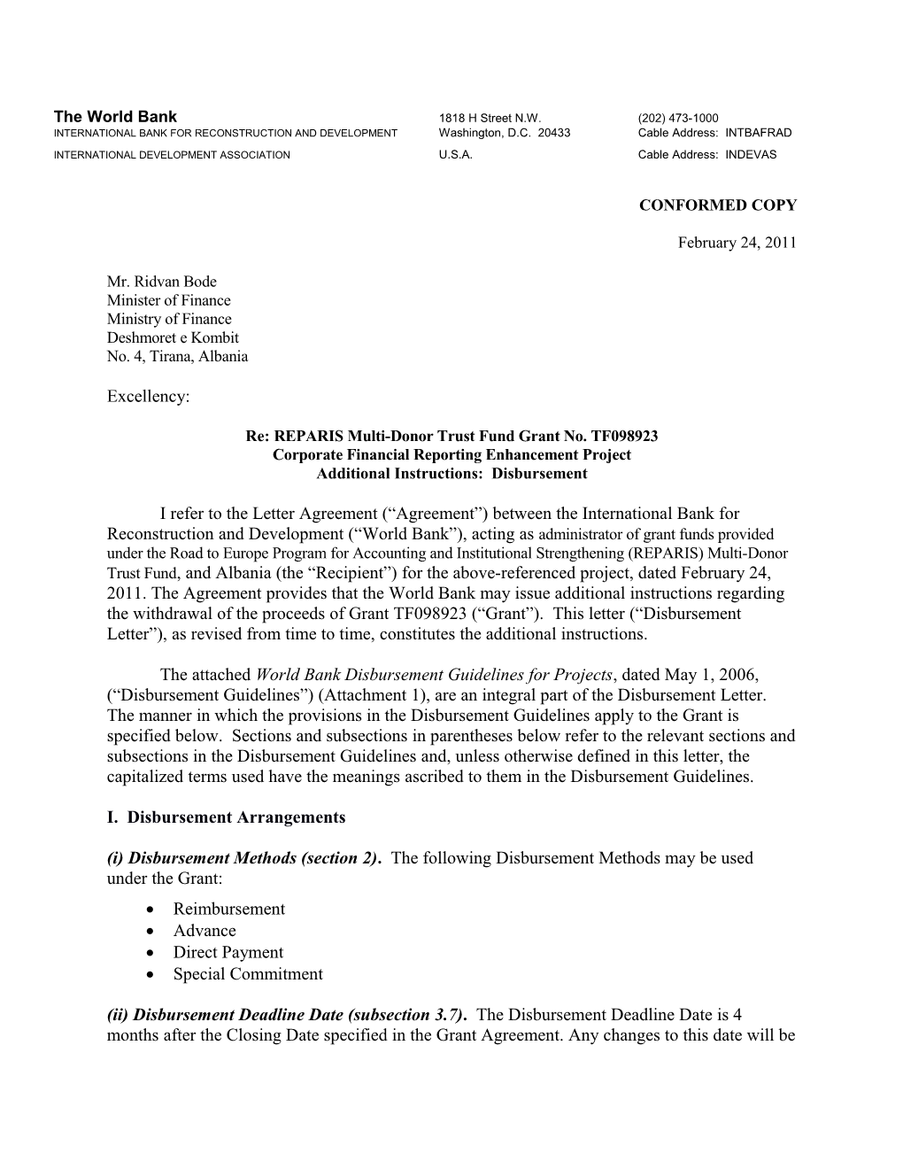 Sample Disbursement Letter (Investment Loan) s1