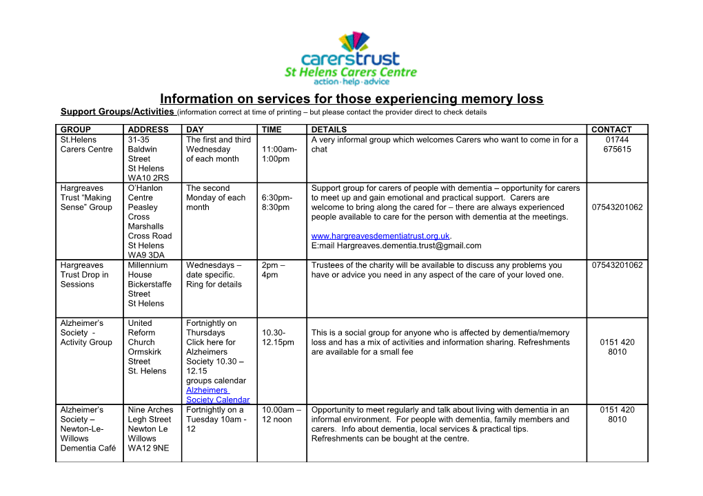 Information on Services for Those Experiencing Memory Loss