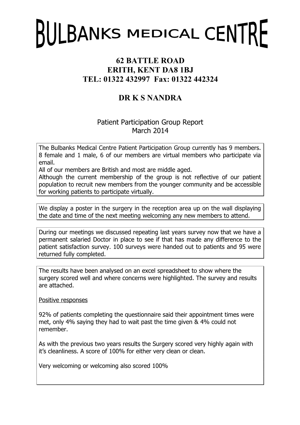 Patient Participation Group Report