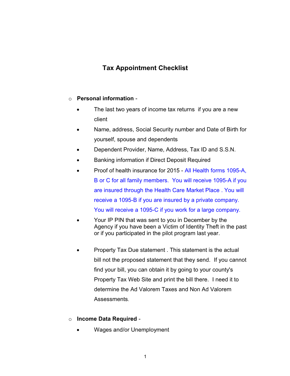 Tax Appointment Check List