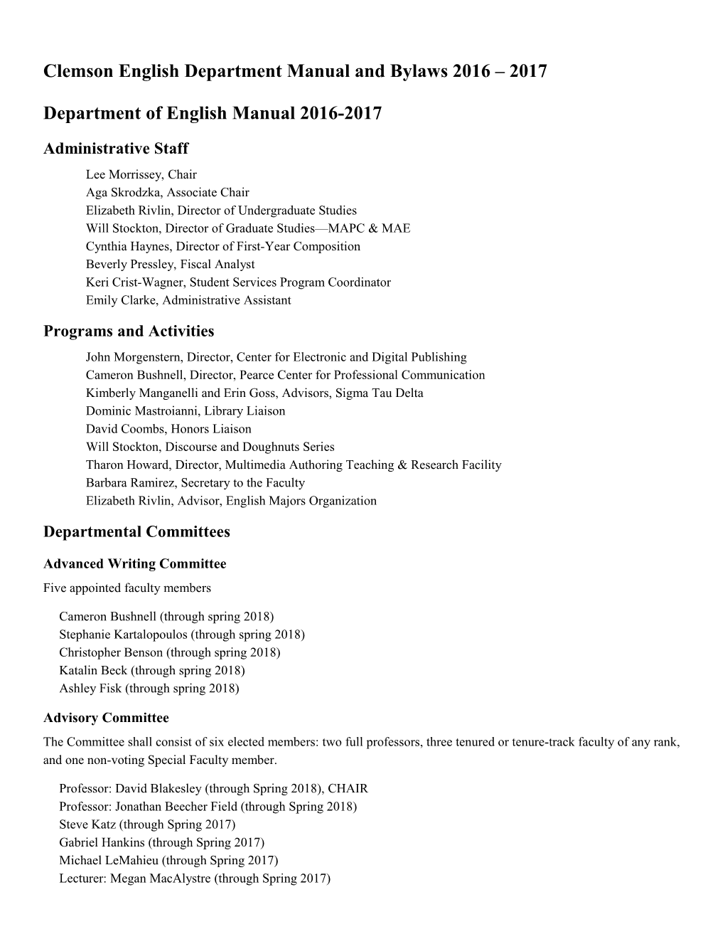 Clemson English Department Manual and Bylaws 2016 2017