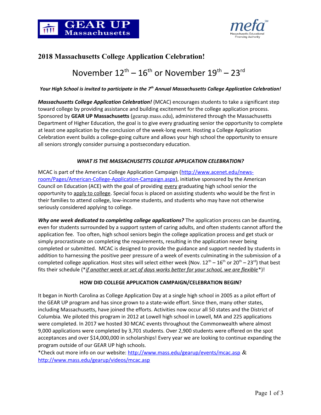 Your High School Is Invited to Participate in the 7Th Annual Massachusetts College Application