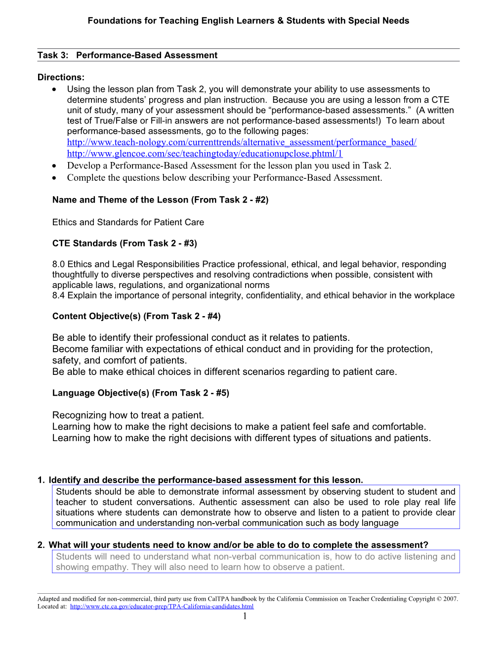 Planning Instruction Task Template