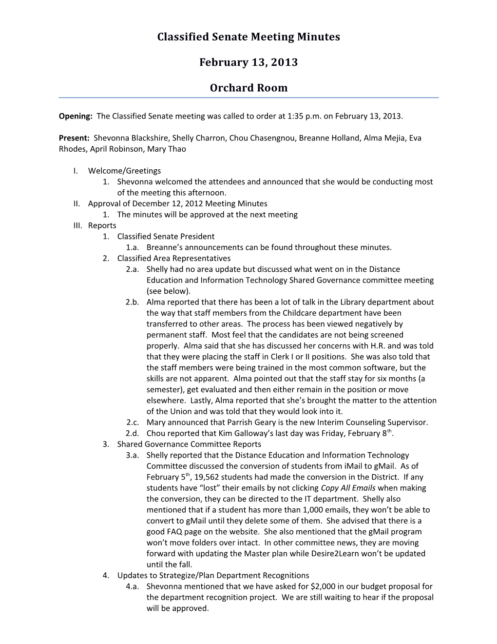 Classified Senate Meeting Minutes (2/13/13)