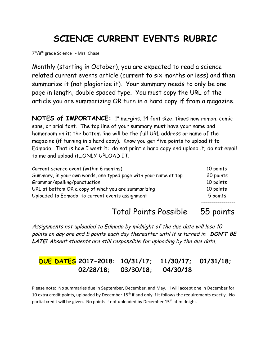 Science Current Events Rubric