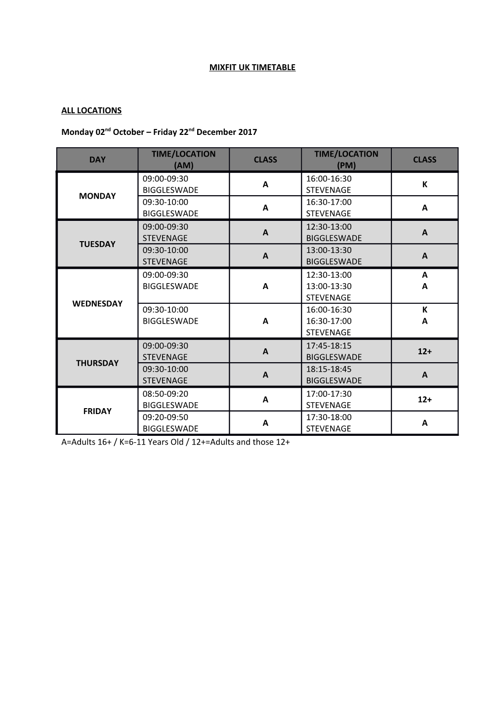 Mixfit Uk Timetable