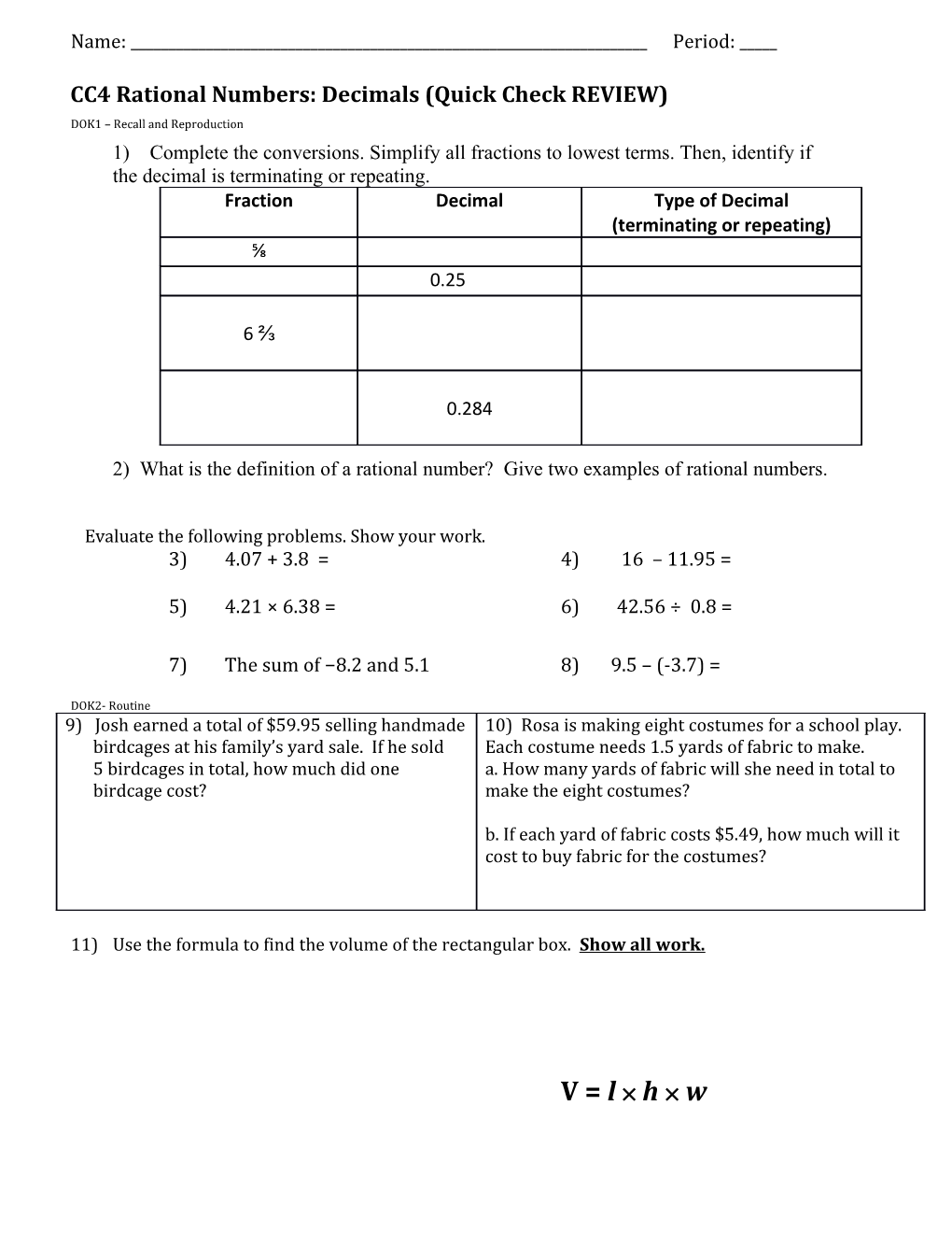 CC4 Rational Numbers: Decimals (Quick Check REVIEW)