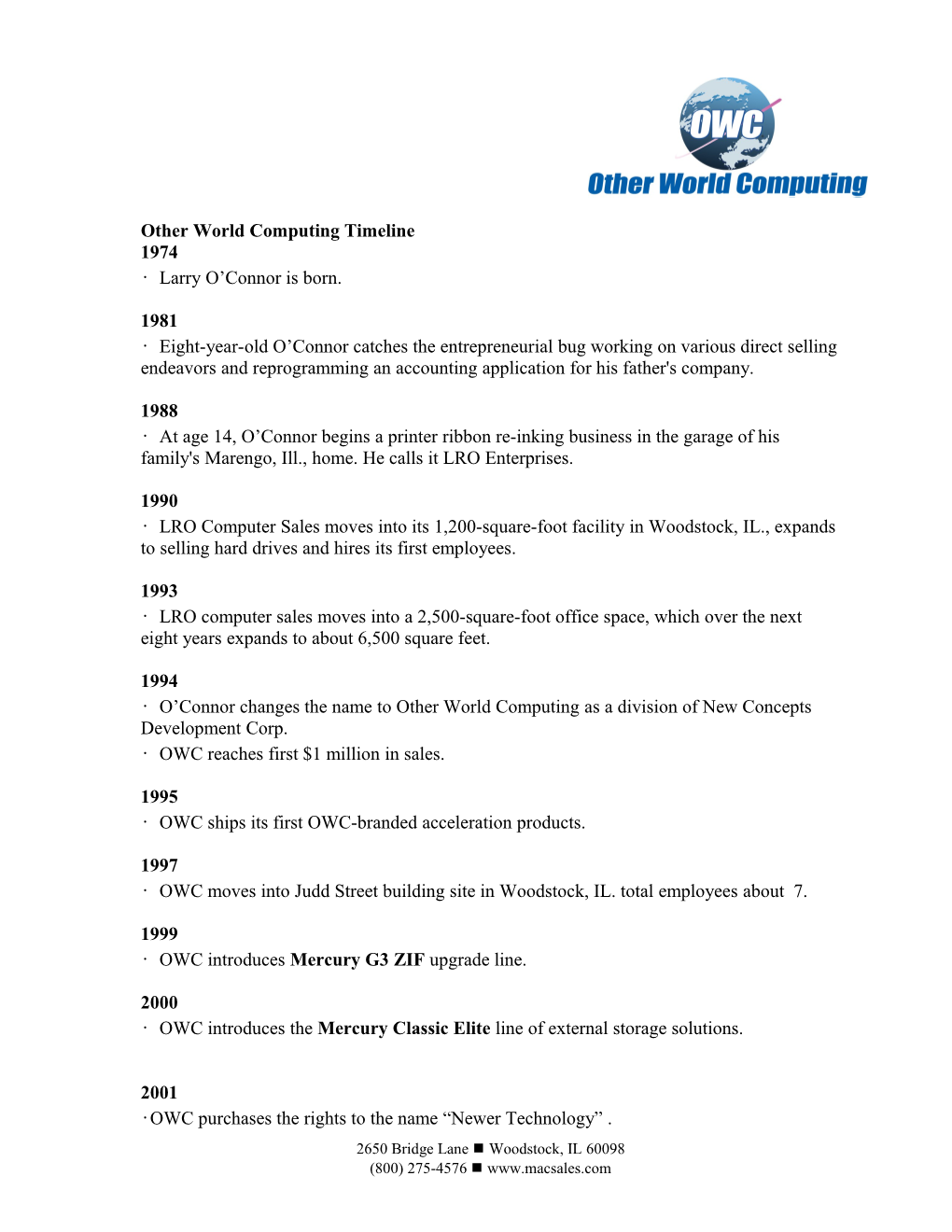 Other World Computing Timeline