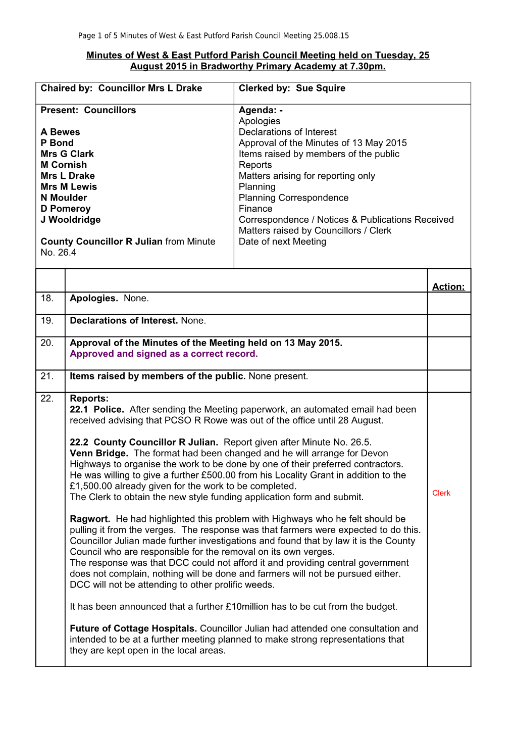 Page 1 of 2 Minutes of West & East Putford Parish Council Meeting 25.008.15